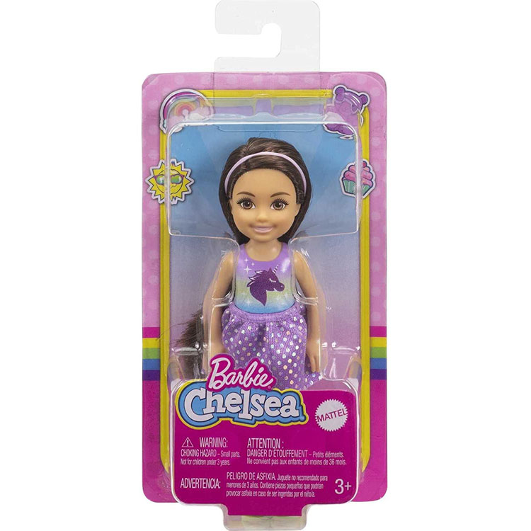 Mattel - Barbie Doll - CLUB CHELSEA (Brunette Hair - 6-inch)(Unicorn Tie-Dye Purple Dress) GXT39
