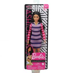 Mattel - Barbie FASHIONISTAS DOLL #147 (Long Brunette Hair, Purple/Pink Striped Dress) GYB02