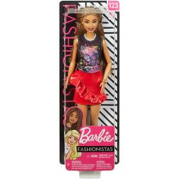 Mattel Barbie FASHIONISTAS DOLL #123 (Brunette Braids, Girl Power dirt bike shirt, Red skirt) GHW54