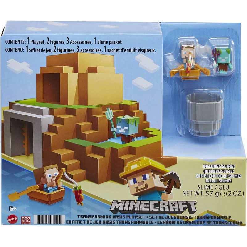 Mattel - Minecraft TRANSFORMING OASIS PLAYSET (2 Figures, 1 Slime Packet, 3 Accessories & 1 Playset)
