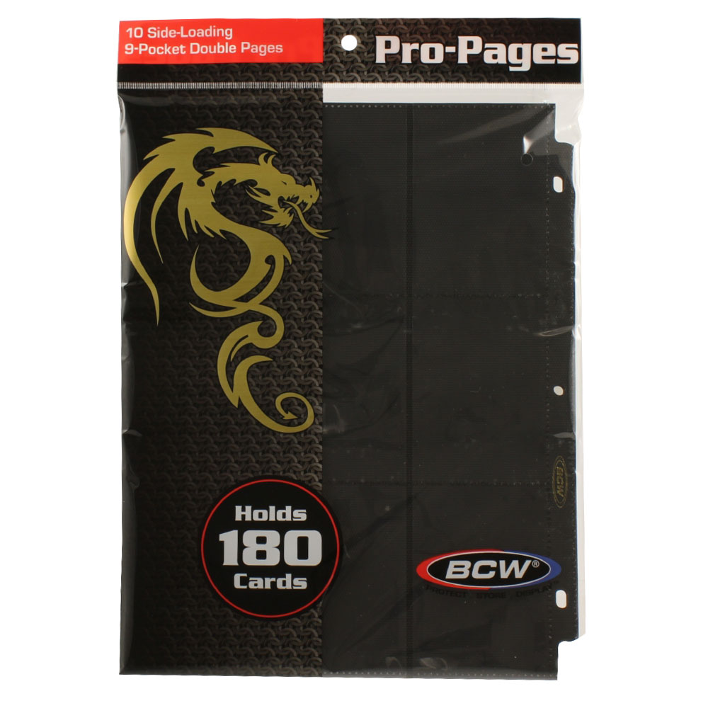 BCW Trading Card Supplies - PACK OF 10 SIDE-LOADING 9-POCKET DOUBLE PAGES (Black - Holds 180 Cards)