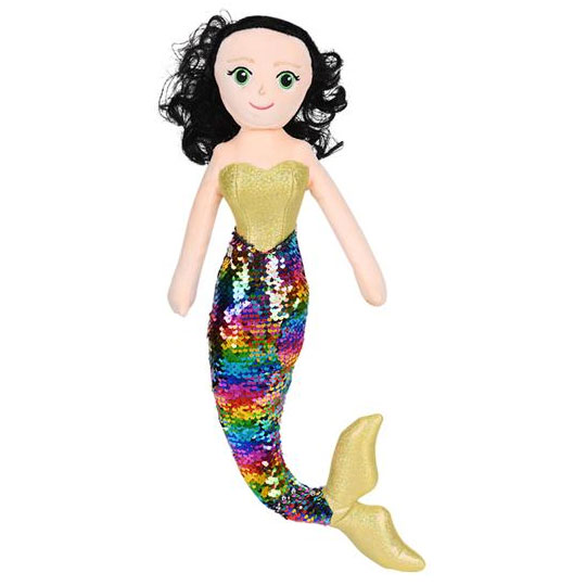 Adventure Planet Plush - Sequin Mermaids - BLACK HAIR & RAINBOW TAIL (18 inch)
