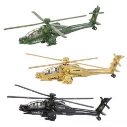 RI Novelty - Pull Back Vehicle - SET OF 3 APACHE HELICOPTERS (Black, Green & Tan)(8 inch)