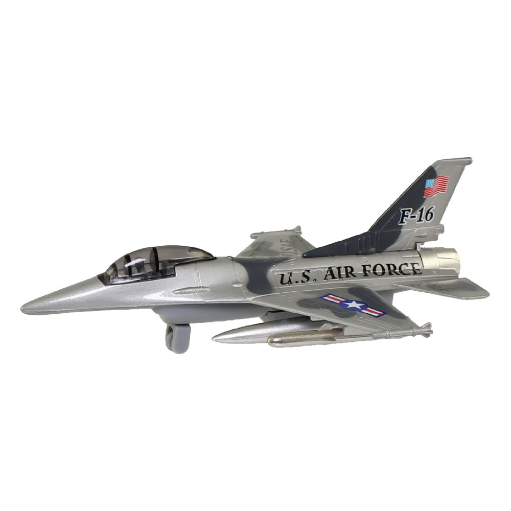 RI Novelty - Pull Back Die-Cast Metal Vehicle - F-16 FIGHTER JET (Silver/Gray)(7 inch)