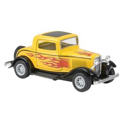 Rhode Island Novelty - Pull Back Vehicle - 1932 FORD FLAME PRINT 3-WINDOW COUPE (Yellow)(5 inch)