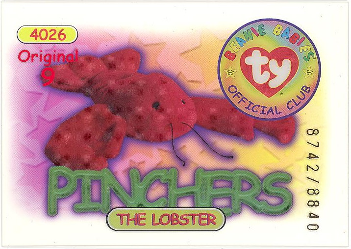 TY Beanie Babies BBOC Card - Series 1 Original 9 (RED) - PINCHERS (#/8840)