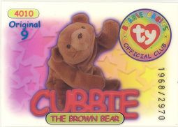 TY Beanie Babies BBOC Card - Series 1 Original 9 (BLUE) - CUBBIE (#/2970)