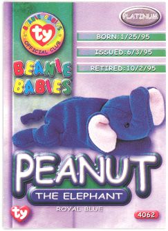 TY Beanie Babies BBOC Card - Platinum Edition - PEANUT the Royal Blue Elephant
