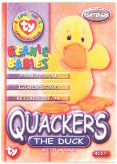 TY Beanie Babies BBOC Card - Platinum Edition - QUACKERS the Duck