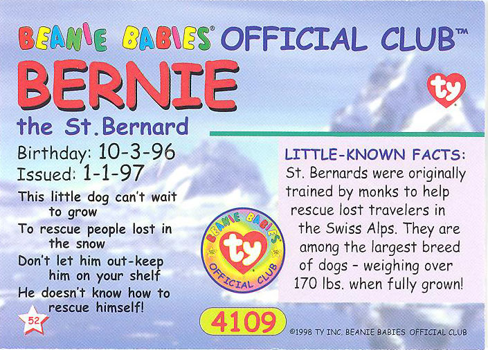 Bernard dog~ Mint Details about   TY Beanie Baby BBOC ***CARD Series 1 Common ~BERNIE the St
