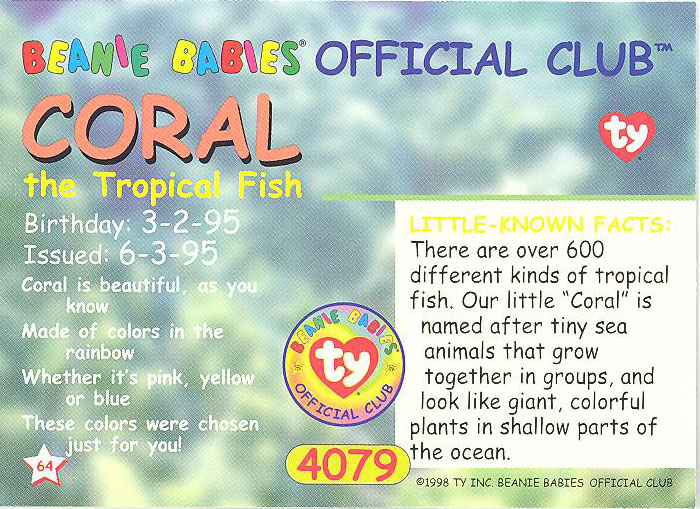 TY Beanie Babies BBOC Card Series 1 Common CORAL the Tropical Fish NM/Mint