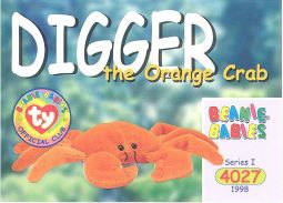 TY Beanie Babies BBOC Card - Series 1 Common - DIGGER the Orange Crab