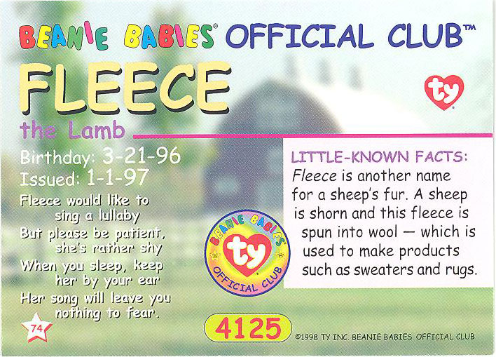 TY Beanie Babies BBOC Card - Series 1 Common - FLEECE the Lamb:  BBToyStore.com - Toys, Plush, Trading Cards, Action Figures & Games online  retail store shop sale