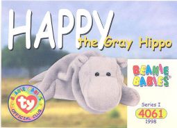 TY Beanie Babies BBOC Card - Series 1 Common - HAPPY the Gray Hippo