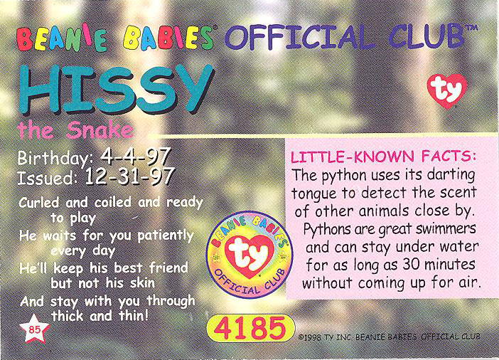 HISSY the Snake Series 1 Common NM/Mint TY Beanie Babies BBOC Card