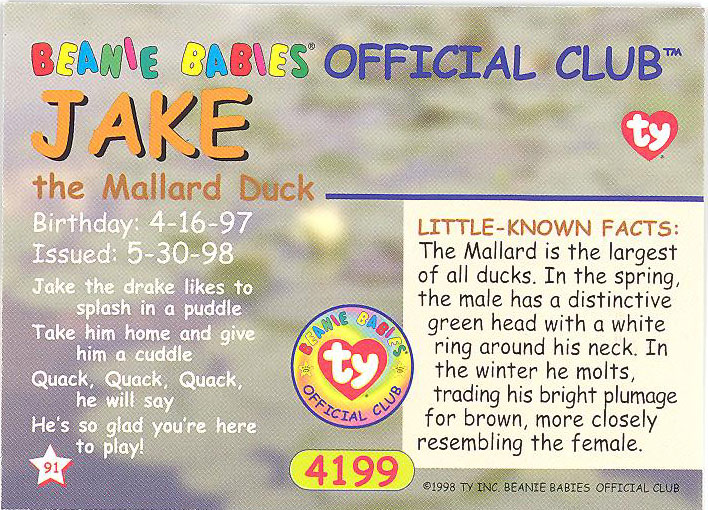 JAKE the Mallard Duck TY Beanie Babies BBOC Card Series 1 Common NM/Mint 