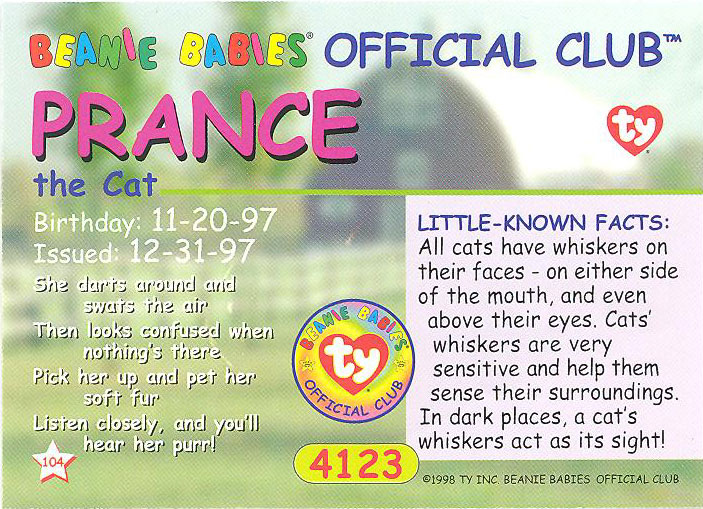 PRANCE the Cat TY Beanie Babies BBOC Card NM/Mint Series 1 Common 