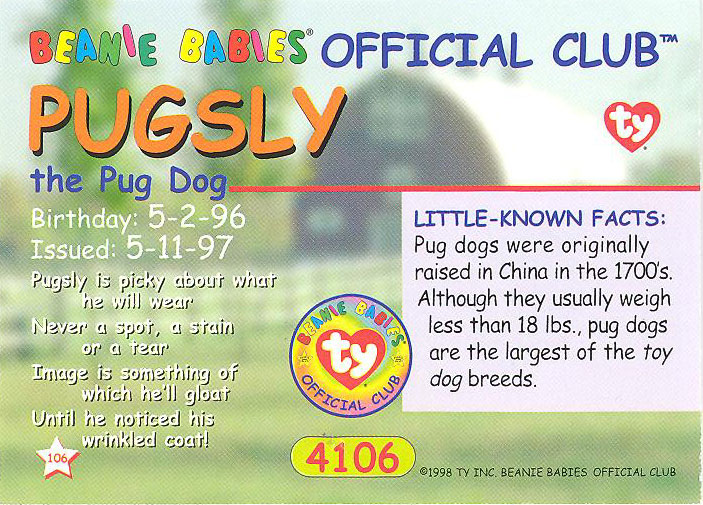 PUGSLY the Pug Dog TY Beanie Babies BBOC Card Series 1 Common 