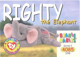 TY Beanie Babies BBOC Card - Series 1 Common - RIGHTY the Elephant