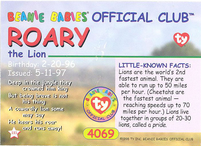 NM/Mint TY Beanie Babies BBOC Card ROARY the Lion Series 1 Common