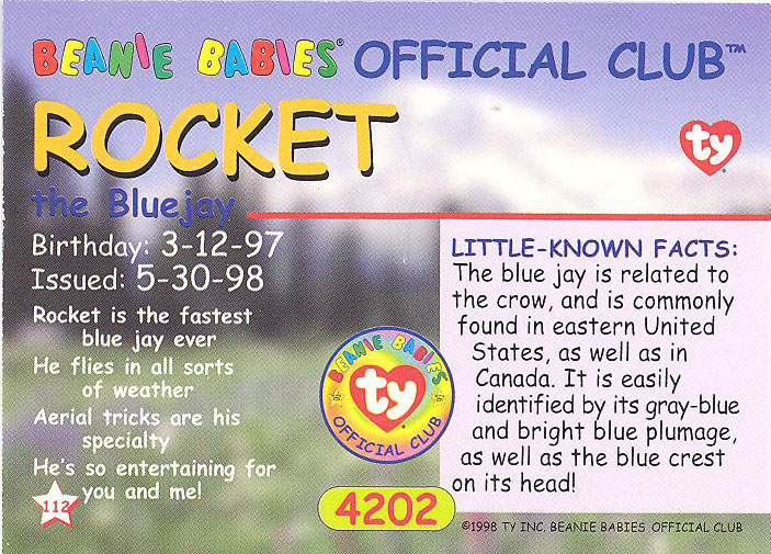 Series 1 Common NM/Mint TY Beanie Babies BBOC Card ROCKET the Bluejay 