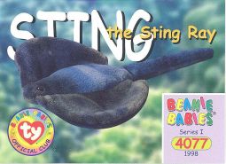 TY Beanie Babies BBOC Card - Series 1 Common - STING the Sting Ray