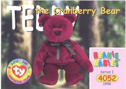 TY Beanie Babies BBOC Card - Series 1 Common - TEDDY CRANBERRY NEW FACE BEAR