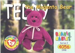 TY Beanie Babies BBOC Card - Series 1 Common - TEDDY MAGENTA NEW FACE BEAR
