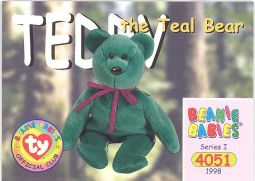 TY Beanie Babies BBOC Card - Series 1 Common - TEDDY TEAL NEW FACE BEAR