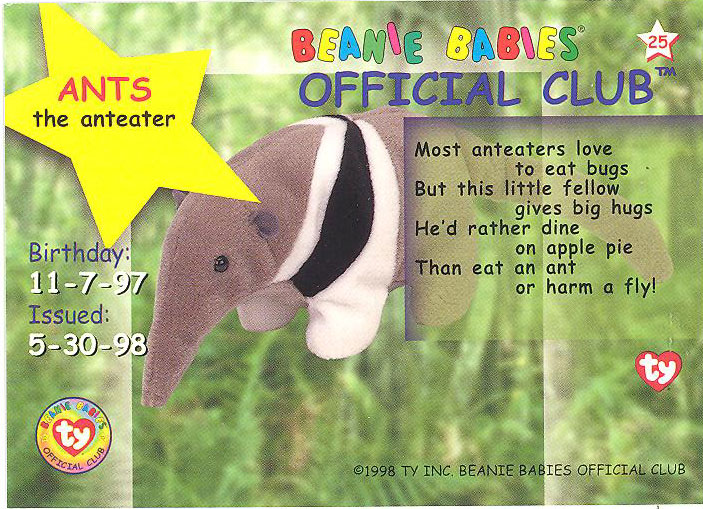 TY Beanie Babies BBOC Card Series 1 Birthday (SILVER) ANTS the