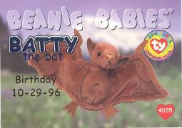 TY Beanie Babies BBOC Card - Series 1 Birthday (BLUE) - BATTY the Bat