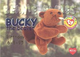TY Beanie Babies BBOC Card - Series 1 Birthday (BLUE) - BUCKY the Beaver