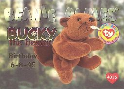 TY Beanie Babies BBOC Card - Series 1 Birthday (RED) - BUCKY the Beaver