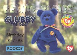 TY Beanie Babies BBOC Card - Series 1 Birthday (BLUE) - CLUBBY the Bear (Rookie)