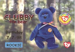 TY Beanie Babies BBOC Card - Series 1 Birthday (RED) - CLUBBY the Bear (Rookie)