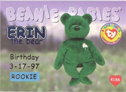 TY Beanie Babies BBOC Card - Series 1 Birthday (BLUE) - ERIN the Bear (Rookie)