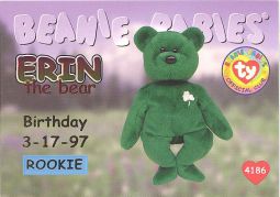 TY Beanie Babies BBOC Card - Series 1 Birthday (RED) - ERIN the Bear (Rookie)