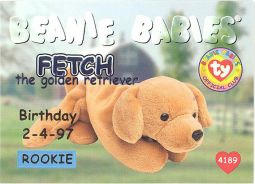 TY Beanie Babies BBOC Card - Series 1 Birthday (BLUE) - FETCH the Golden Retriever (Rookie)