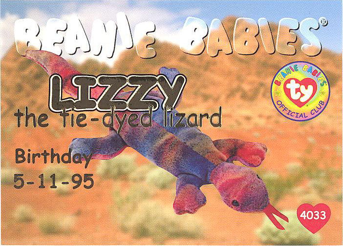 TY Beanie Babies BBOC Card - Series 1 Birthday (GOLD) - LIZZY the Tie-Dyed Lizard