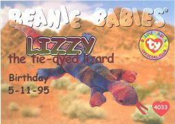 TY Beanie Babies BBOC Card - Series 1 Birthday (RED) - LIZZY the Tie-Dyed Lizard