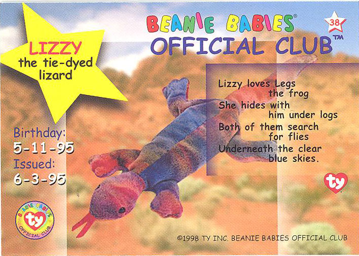 LIZZY the Lizard NM/Mint Series 3 Common TY Beanie Babies BBOC Card 