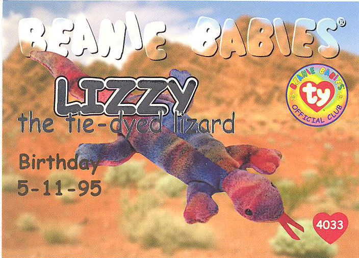 TY Beanie Babies BBOC Card - Series 1 Birthday (SILVER) - LIZZY the Tie-Dyed Lizard
