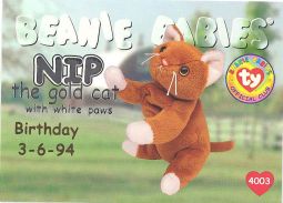 TY Beanie Babies BBOC Card - Series 1 Birthday (SILVER) - NIP the Gold Cat