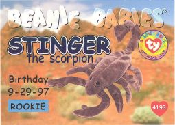 TY Beanie Babies BBOC Card - Series 1 Birthday (BLUE) - STINGER the Scorpion (Rookie)