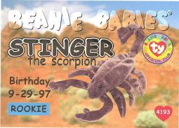 TY Beanie Babies BBOC Card - Series 1 Birthday (GOLD) - STINGER the Scorpion (Rookie)