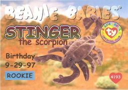 TY Beanie Babies BBOC Card - Series 1 Birthday (RED) - STINGER the Scorpion (Rookie)