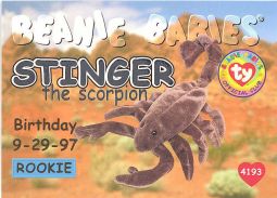 TY Beanie Babies BBOC Card - Series 1 Birthday (SILVER) - STINGER the Scorpion (Rookie)