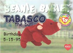 TY Beanie Babies BBOC Card - Series 1 Birthday (BLUE) - TABASCO the Bull