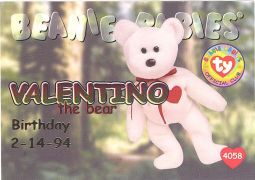 TY Beanie Babies BBOC Card - Series 1 Birthday (RED) - VALENTINO the Bear