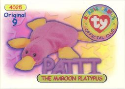 TY Beanie Babies BBOC Card - Series 1 Original 9 (BLUE) - PATTI the Maroon Platypus